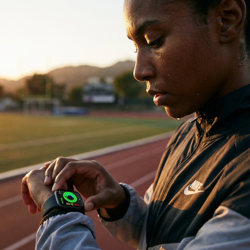Atleta monitorando treino no smartwatch